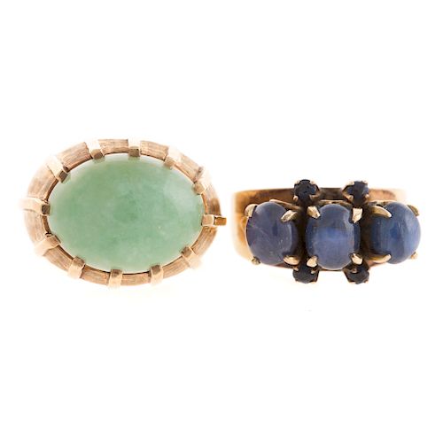 A Pair of Large Cabochon Gemstone Rings in 14K