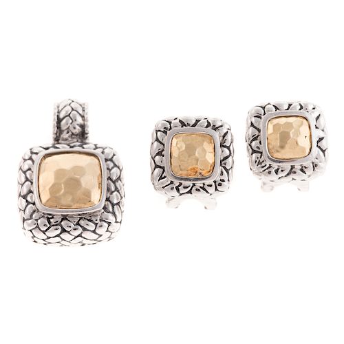 A Matched Earrings & Pendant Set in Silver & 14K