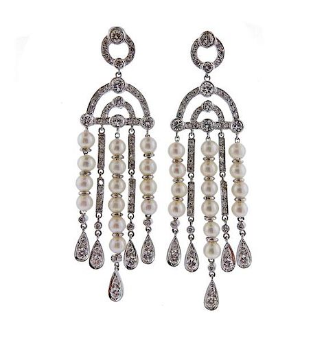 18k Gold Diamond Pearl Chandelier Earrings 