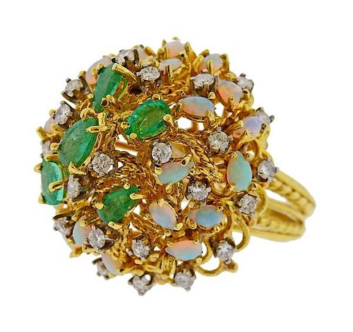 18K Gold Diamond Opal Emerald Cocktail Dome Ring