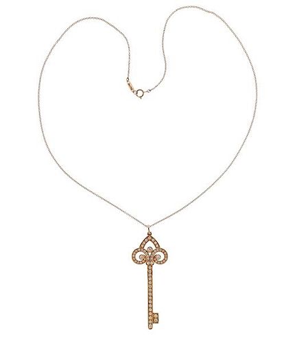 Tiffany &amp; Co Fleur de Lis Rose Gold Diamond Key Pendant Necklace