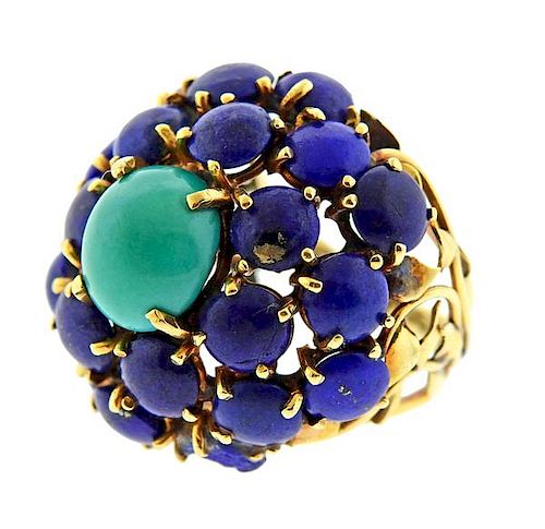 14k Gold Lapis Turquoise Cocktail Dome Ring 