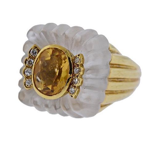 18K Gold Diamond Citrine Carved Frosted Crystal Ring