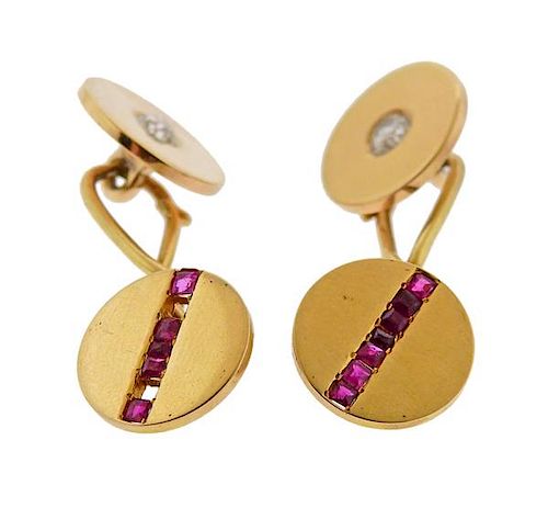 Tiffany &amp; Co Antique 18k Gold Diamond Ruby Cufflinks 