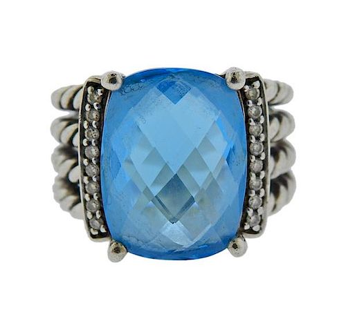 David Yurman Sterling Silver Diamond Blue Topaz Ring