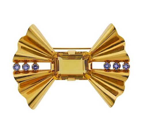 Tiffany &amp; Co Retro 14k Gold Citrine Sapphire Bow Brooch
