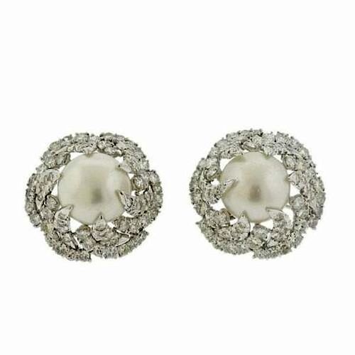 South Sea Pearl 7.00ctw Diamond Platinum Earrings