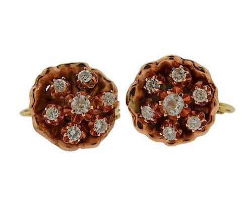 Antique 14K Gold Diamond Flower Earrings