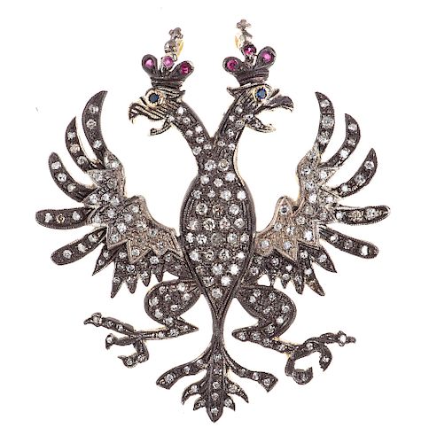 IMPERIAL RUSSIA, PATRIOTTIC GOLDEN AND SILVER JEWEL WITH DIAMOND,  ROMANOV EAGLE SHAPE