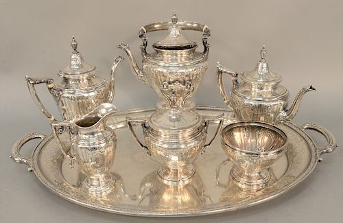 Seven piece sterling silver Gorham Maintenon tea and coffee set, including large two handle tray, tilting pot on stand, coffee pot, teapot, creamer, s
