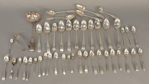Large lot of coin silver spoons, various sizes, N. Bartlett, Mellin, S. Bowne. 43.9 troy ounces, 42 total pieces.