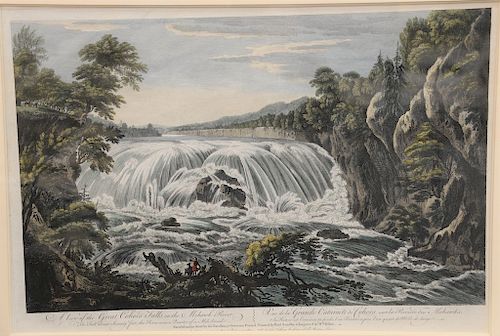After Thomas Pownall (1722 - 1804), hand colored engraving, A View of the Great Cohoes Falls, on the Mohawk River, sight size: 14 1/2" x 20". Provenan