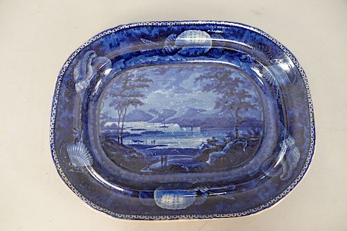 Staffordshire Historic blue platter, Lake George, some knife marks. 13" x 16".