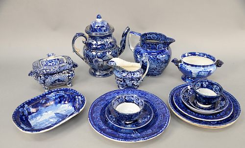 Fifteen piece Historic Staffordshire, including plates, creamer, pitcher, teapot, sugar, cups, saucers and oval bowl, including American scenes. pitch