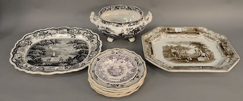Twelve piece lot of Staffordshire to include large platter marked Improved Stone, black and white platter and tureen, along with a set of eight plates