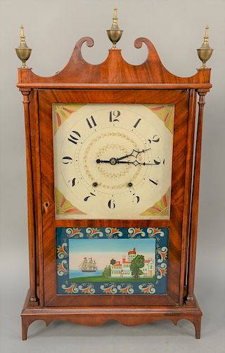 Wadsworths, Lounsbru and Turners, pillar and scroll shelf clock, having mahogany case scrolled around top with brass urn finials painted wood dial ove