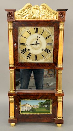 C. & L. C. Ives Federal mahogany triple decker shelf clock, with gilt eagle. height 37 1/2 inches, width 17 1/2 inches.