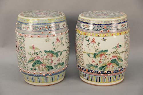 Pair of Famille Rose Chinese garden seats, with enamel decoration. height 18 inches. Provenance: Estate of Mark W. Izard MD, Cider Brook Road, Avon, C