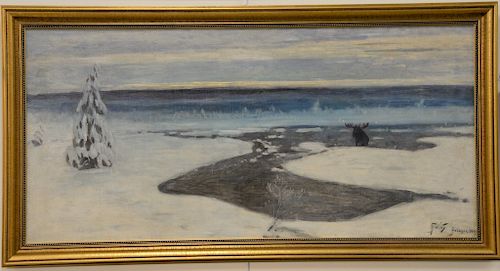 Julian Falat (1853-1929), oil on canvas, Winter Landscape with River and Moose, From Polesie, signed and dated lower right: J. Falat, Polesie 1900, re