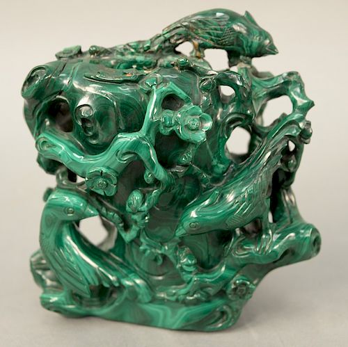 Malachite tree trunk vase, having carved scrolling flowering branches with birds perch on them (repaired), copy of a page from 1973 Nov 20 Sotheby's P