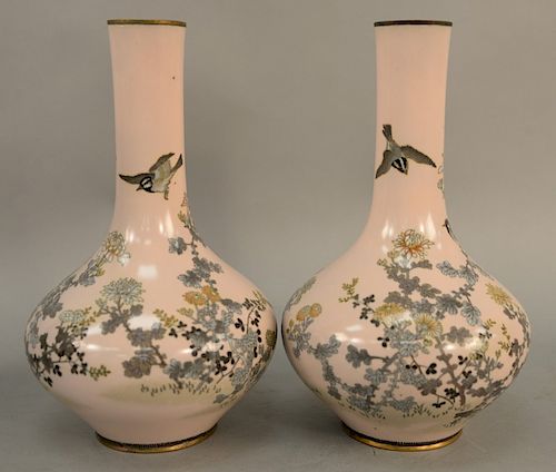 Pair of pink cloisonne enamel bottle vases, Japan, 19th/20th century Meiji Period, decorated with bird and flowers. height 12 inches.