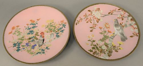 Pair of pink cloisonne enamel chargers, Japan, 19th/20th century Meiji/Taisho Period, one decorated with an eagle on a flowering branch and the other 