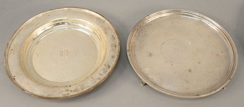 Two S. Kirk and Son sterling silver dishes, deep plate monogrammed in center and a round footed salver monogram in center. diameter 11 1/2 inches, 39.