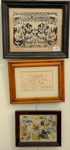 Three framed primitive pieces, to include 19th century primitive American cut out mourning picture with copy of Tillou Gallery receipt Dec 7 1968; sma