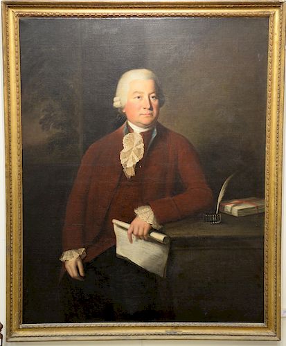 Attributed to Lemuel Francis Abbott (1760 - 1802), oil on canvas, portrait of George Marsh (1722 - 1800) Commissioner of the Navy holding a letter wit
