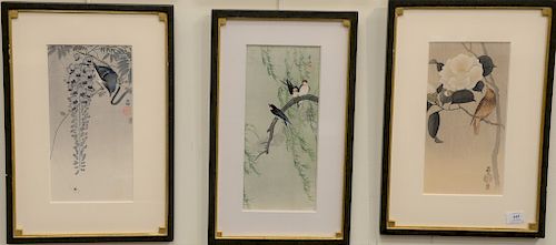 Set of three framed Japanese colored woodblocks, Ito Sozan (B1884), Swallows on a Willow in Rain, along with Ohara Koson (1877 - 1945), Wisteria with 