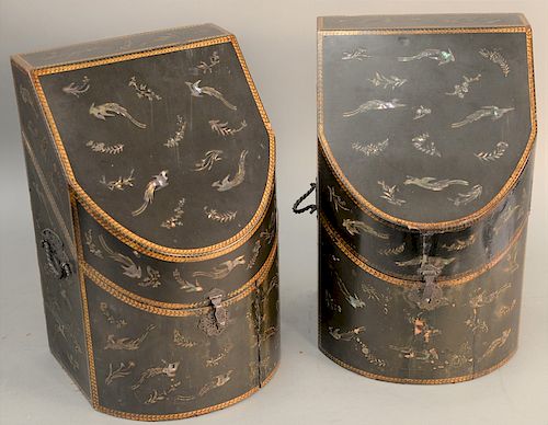 Pair of Japanese export Nagasaki lacquered knife boxes, 18th or 19th century having bowed form, mother of pearl inlaid exotic birds and wildflowers, c