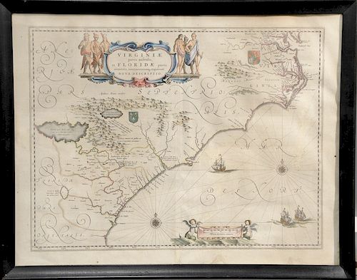 Willem Janszoon Blaeu, hand colored engraved map, Virginia Part is Australis et Florida Partis Orientalis, Interjacentium Regionum Nova Descriptio, si