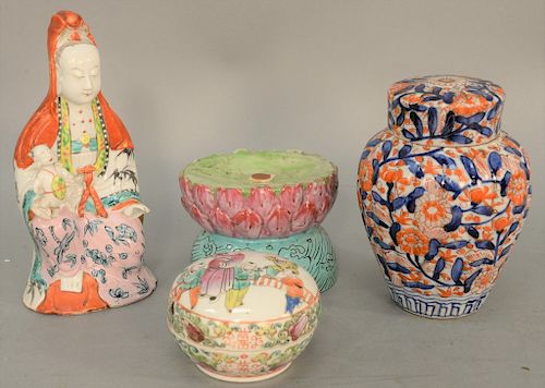 Group of four Chinese porcelain pieces, round porcelain Famille Rose paste seal box with painted scrolly vines, butterflies, and eggplant on sides and