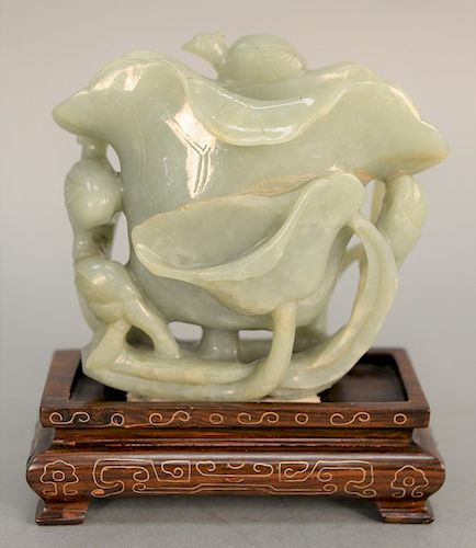 Small mutton fat jade lotus form vase, carved greenish gray jade lotus leaf with curled edges having waterfowl perched on curling stems of lotus bloss