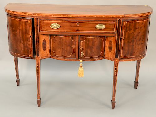 George III style mahogany sideboard, having D form top over case with one long drawer over two doors flanked by doors set on square tapered legs, prob