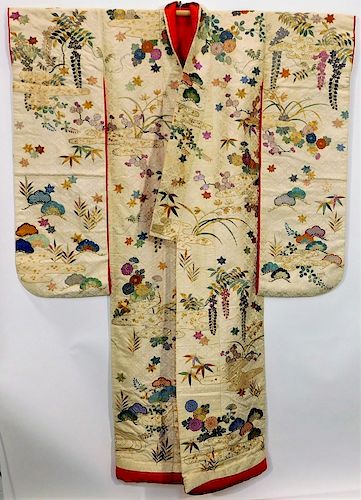 Edo Period Embroidered Silk Damask Uchikake Kimono