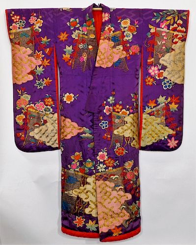 Japanese Edo Period Purple and Gold Floral Kimono