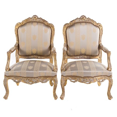 Pair of Louis XV Style Giltwood Fauteuils