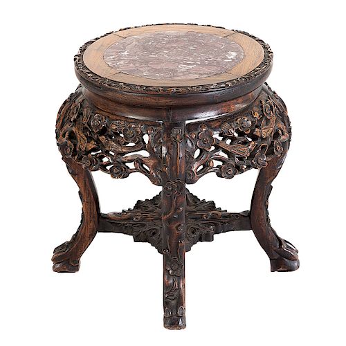 Chinese Carved Wood & Marble Top Fern Stand