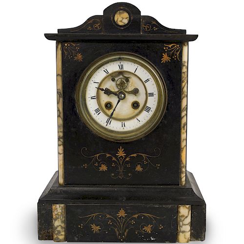 French Black Slate and Marble Inlaid Mantel Clock