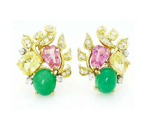 David Webb Platinum & 18k Emerald Tourmaline Earrings