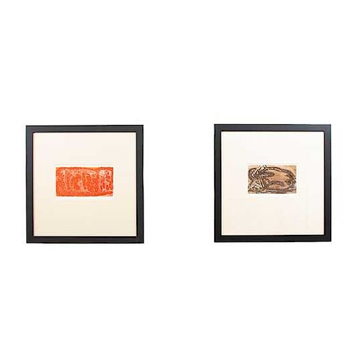 Lote de 2 obras gráficas. Gustavo Arias Murueta. Mujeres y Abstracción. Firmadas. Grabados 13/100. Enmarcados. 14 x 25 y 14 x 22 cm.