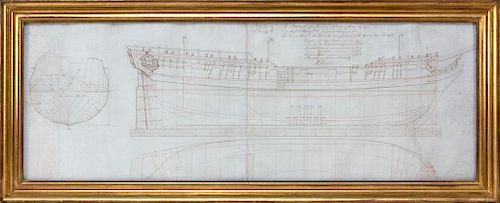 SIR JOHN WILLIAMS (English, fl. 1760s-1780s), 1775 A Draught for Building a Sloop of 14 Carriage Guns [HMS Hornet] Ink and pencil ...