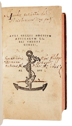AULUS GELLIUS (ca 123 - ca 165). Noctium atticarum libri undeviginti. G.B. Egnazio [Cipolli], editor. Venice: Aldus, September 1515. FIRST ALDINE EDIT