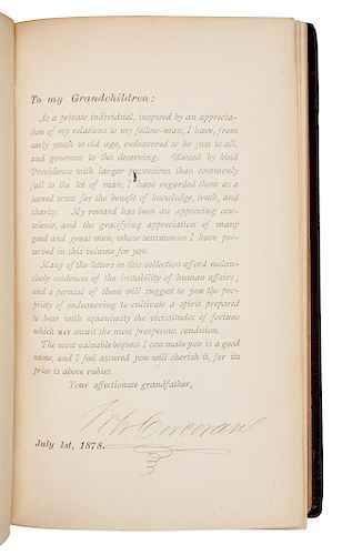 [CORCORAN, William Wilson (1798-1888)]. A Grandfather's Legacy; containing a Sketch of his Life. Washington, D. C.: Henry Polkinhorn, 1879. SIGNED BY 