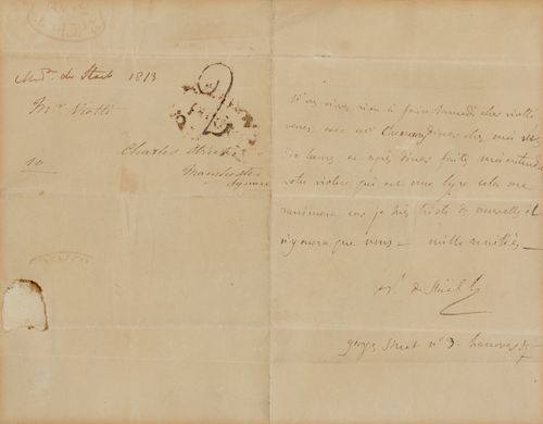 DE STAEL-HOLSTEIN, Anne Louise Germaine, Madame (1766-1817). Autograph letter signed "Mme de Stael". [1813]. To Giovanni Battista Viotti. 