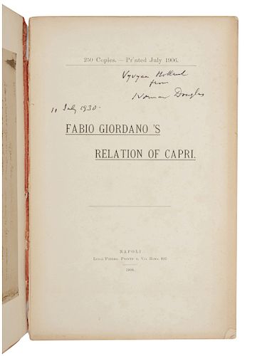 [HOLLAND, Vyvyan, his copy]. DOUGLAS, Norman (1868-1952). Fabio Giordano's Relation of Capri. Naples: Luigi Pierro, 1906.
