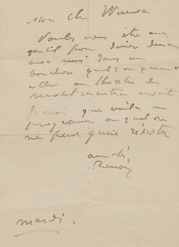RENOIR, Pierre Auguste (1841-1919). Autograph letter signed ("Renoir") to "Mon Ch Wisena?". N.p., n.d. 