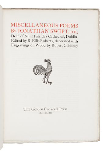 [GOLDEN COCKEREL PRESS]. SWIFT, Jonathan (1667-1745). Miscellaneous Poems. Waltham Saint Lawrence, Berkshire: Golden Cockerel Press, 1928. LIMITED EDI