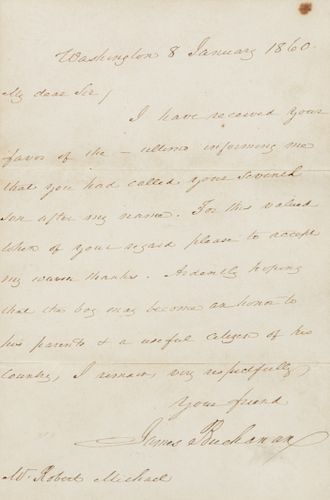 BUCHANAN, James, President (1791-1868). Autograph letter signed ("James Buchanan"), as President, to Robert Michael. Washington, D. C., 8 January 1860